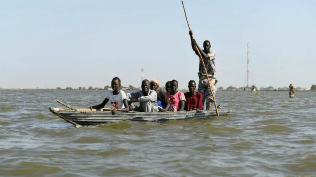 Small group of people crossing a body of water on a wooden boat, with some holding paddle sticks, under clear skies, highlighting a humanitarian rescue or migration scenario.
