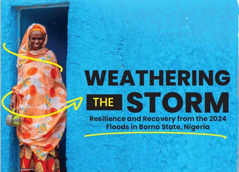 Cloudy weather, woman in colorful traditional clothing standing in front of a bright blue wall, with text about weathering storms and flood recovery in Nigeria.